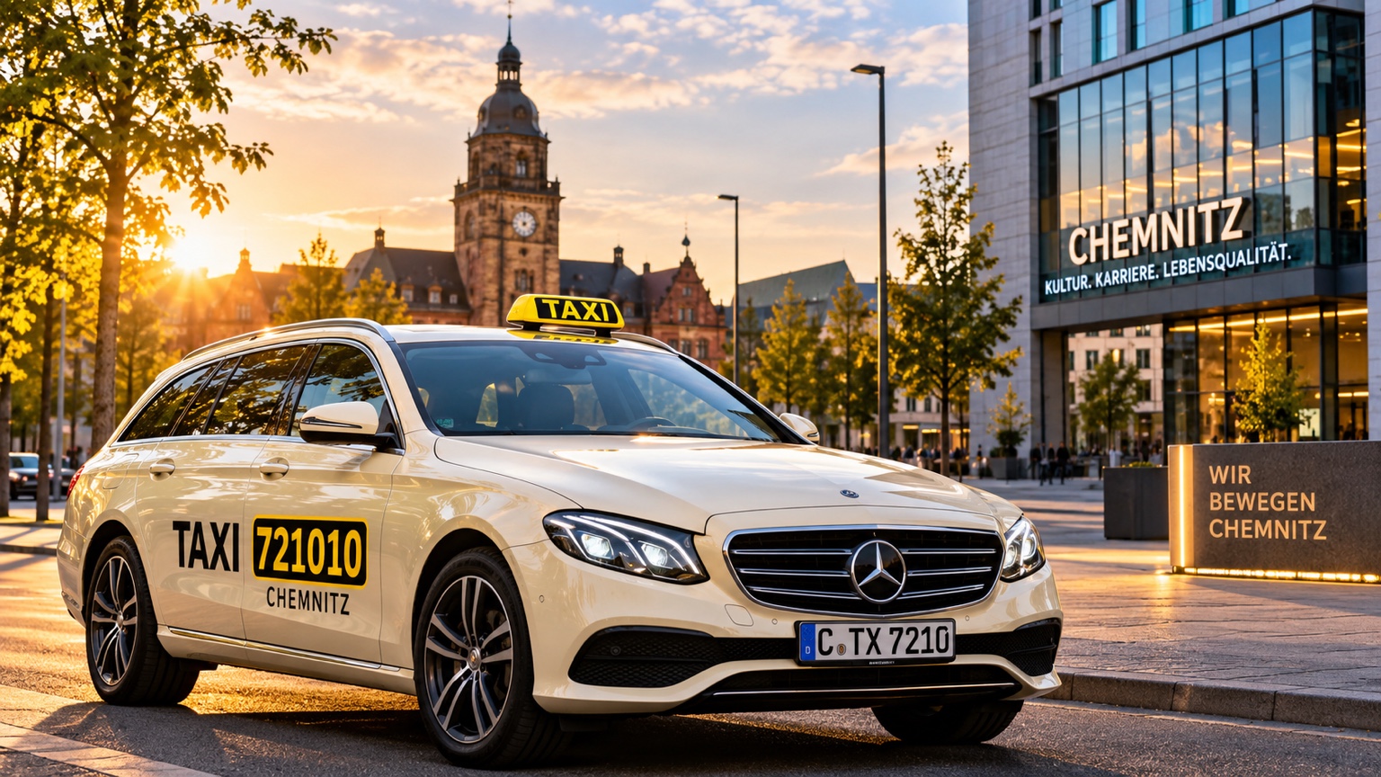 Taxi in Chemnitz vor urbaner Stadtkulisse