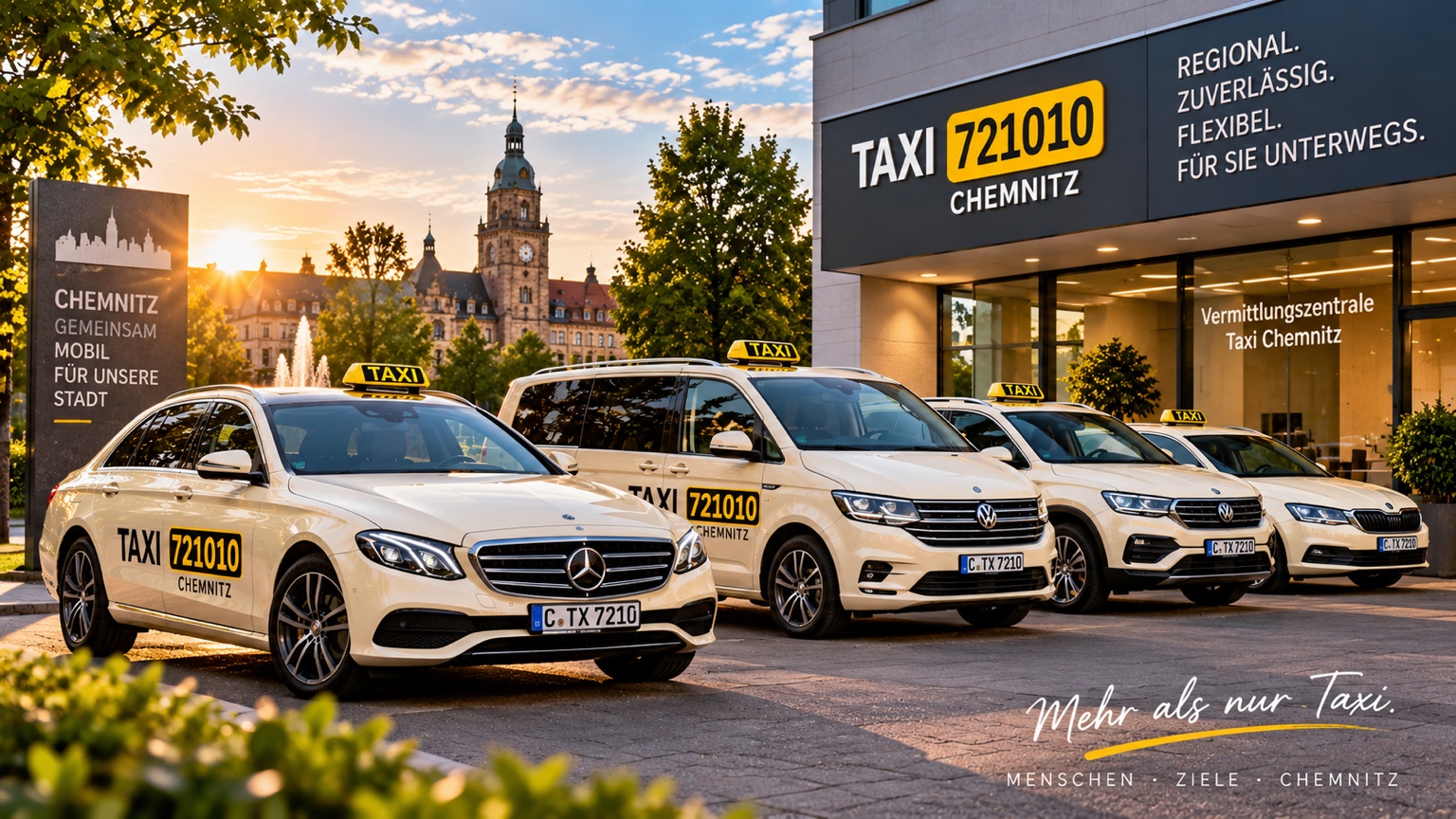 Verschiedene Fahrzeuge für Taxi- und Mobilitätsleistungen in Chemnitz