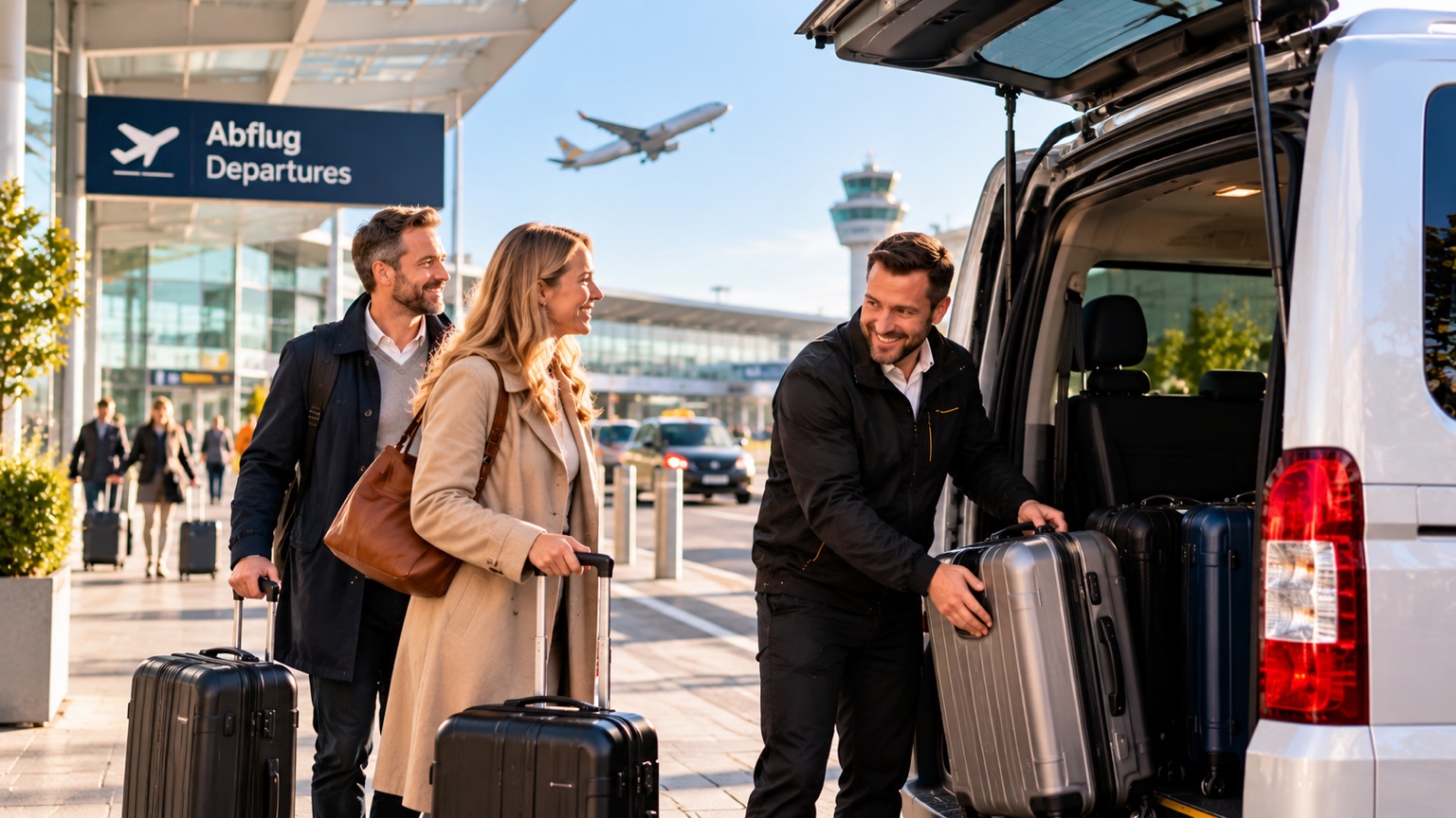 Flughafentransfer mit Reisegepäck und komfortablem Shuttlefahrzeug