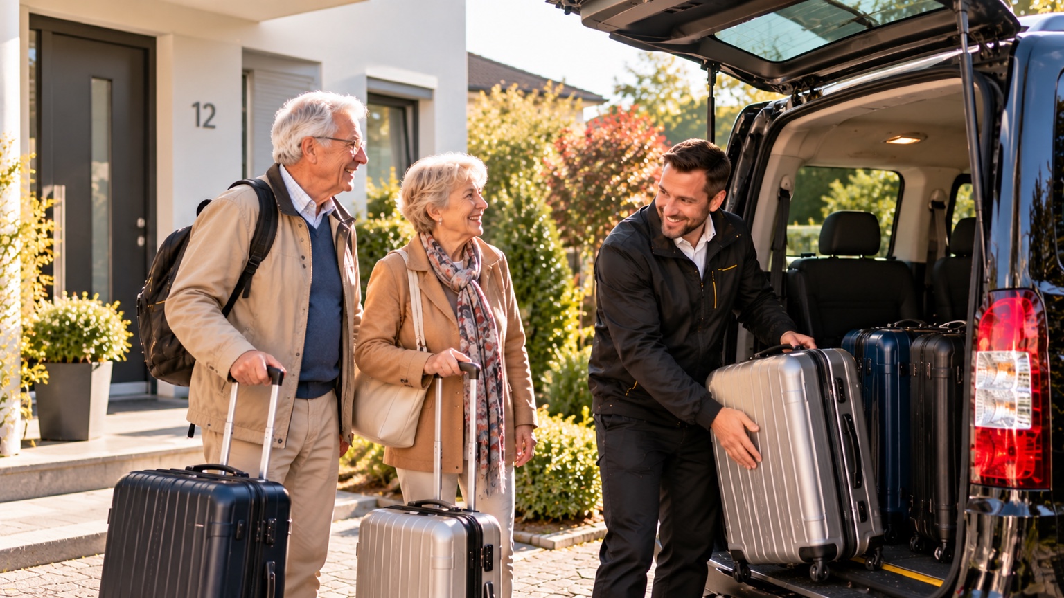 Urlaubsshuttle holt ein älteres Paar mit Reisegepäck zuhause ab