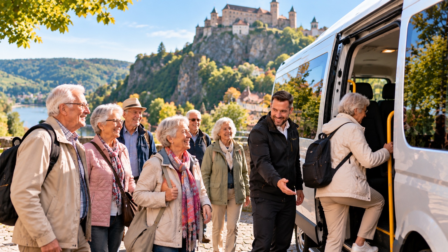Kleine Reisegruppe bei einer komfortablen Tagesfahrt mit Kleinbus