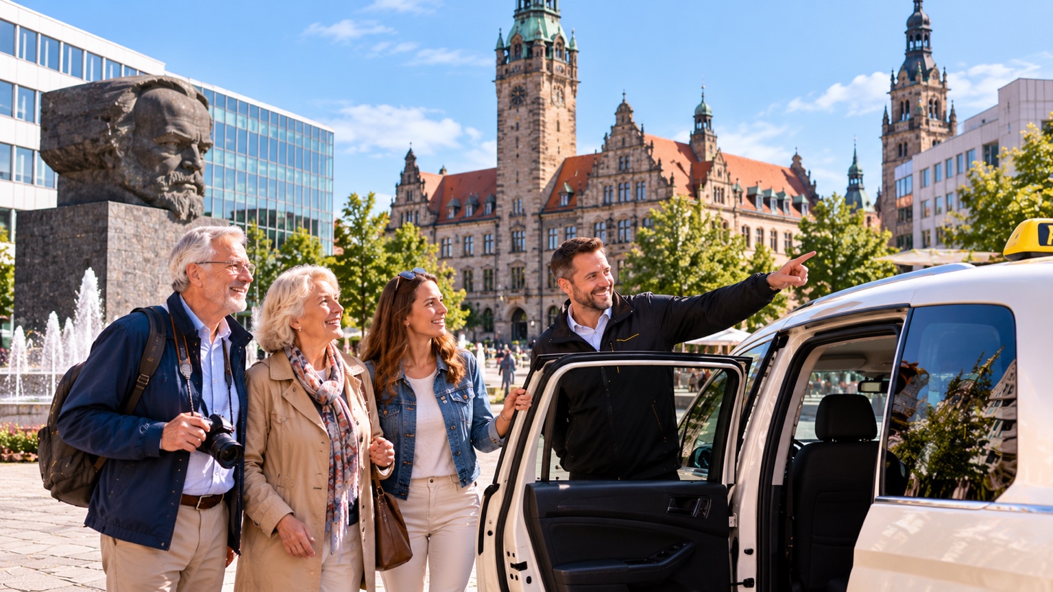 Private Stadtrundfahrt im Taxi vor markanter Chemnitzer Stadtkulisse