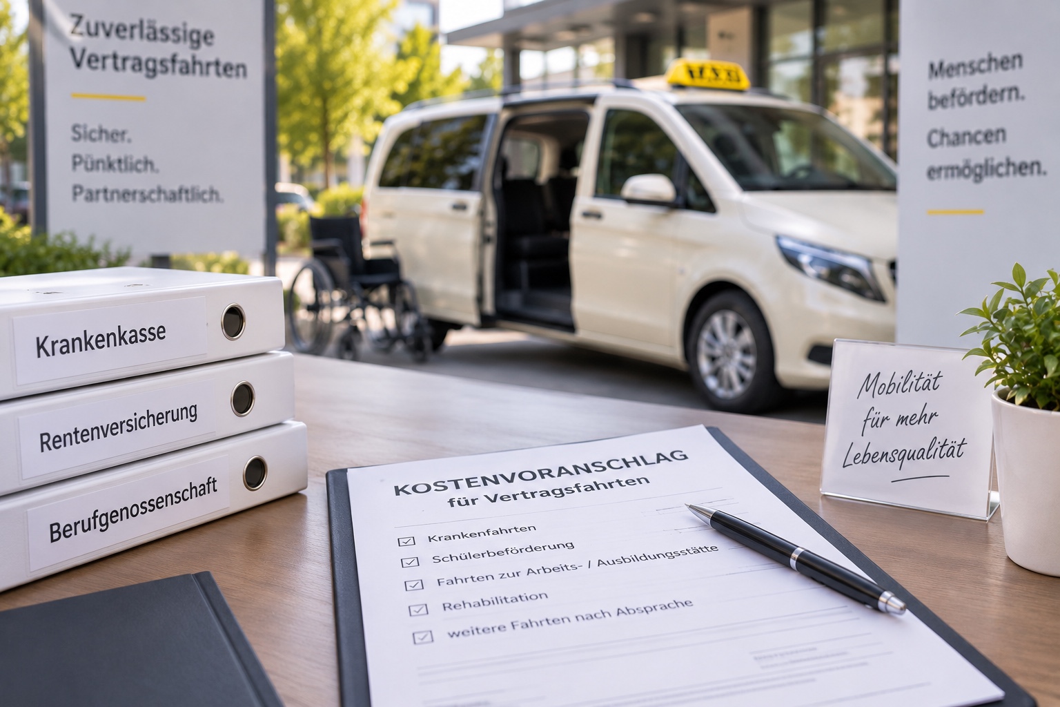 Unterlagen und Kostenvoranschlag für Vertragsfahrten mit Mobilitätsfahrzeug im Hintergrund