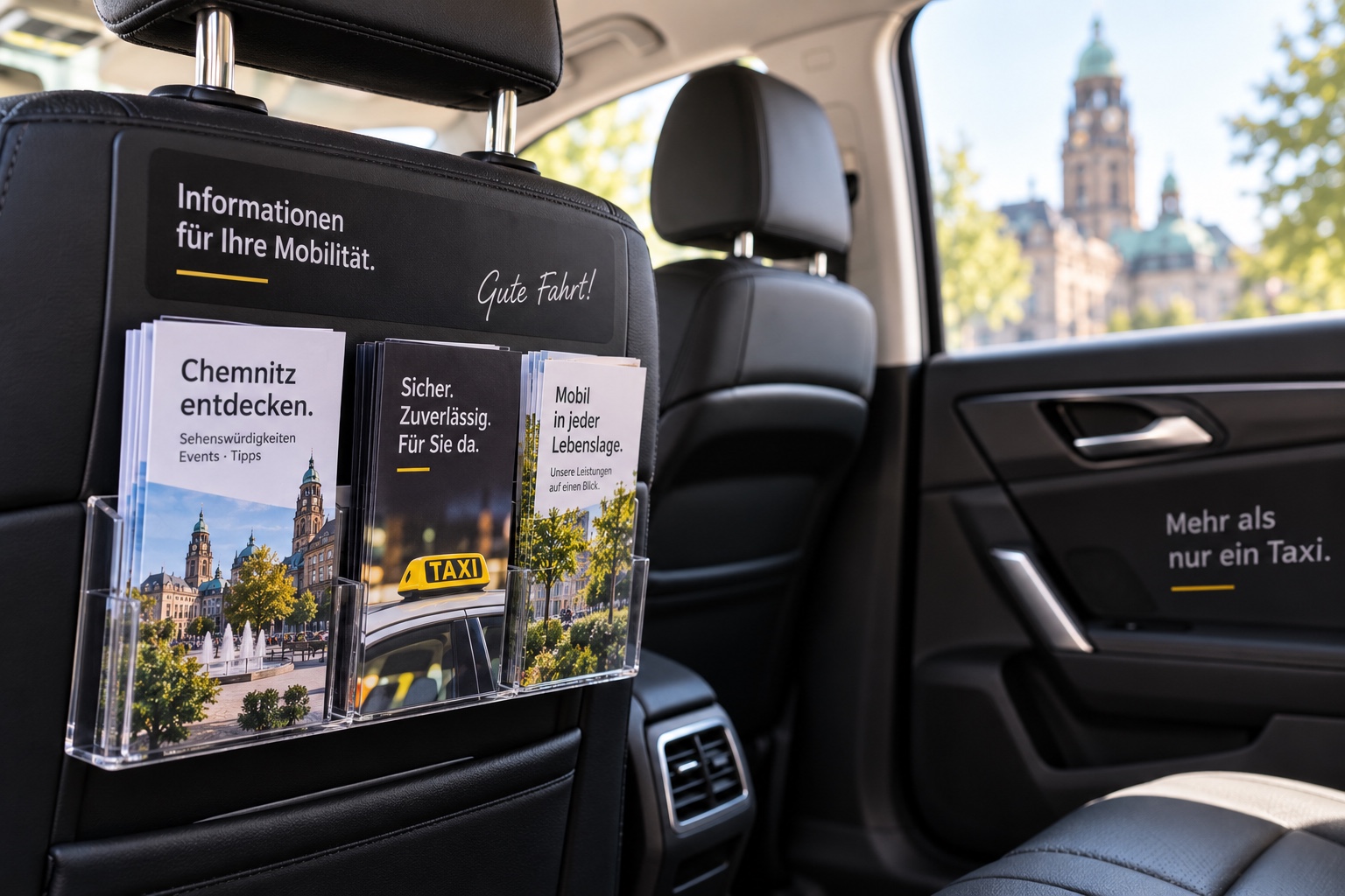 Flyer und Informationsmaterial sauber im Innenraum eines gepflegten Taxis präsentiert