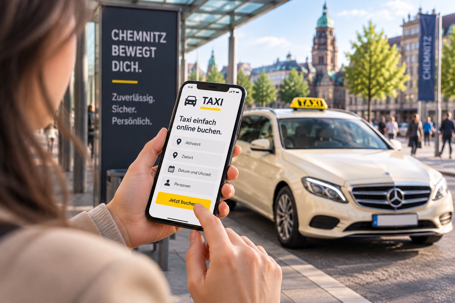 Onlinebuchung auf dem Smartphone mit Taxi im Hintergrund