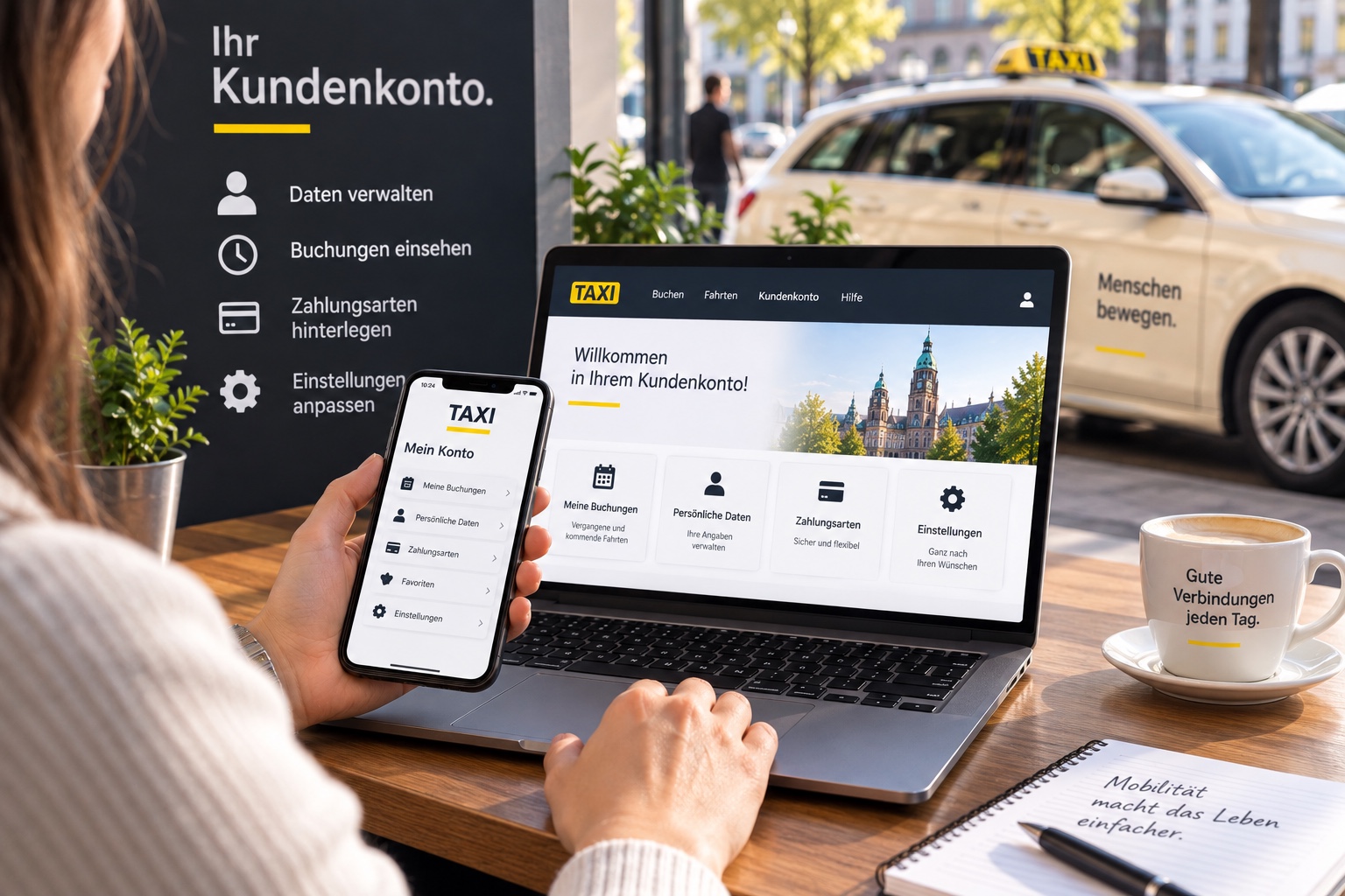 Kundenkonto für Mobilitätsbuchungen auf Laptop und Smartphone